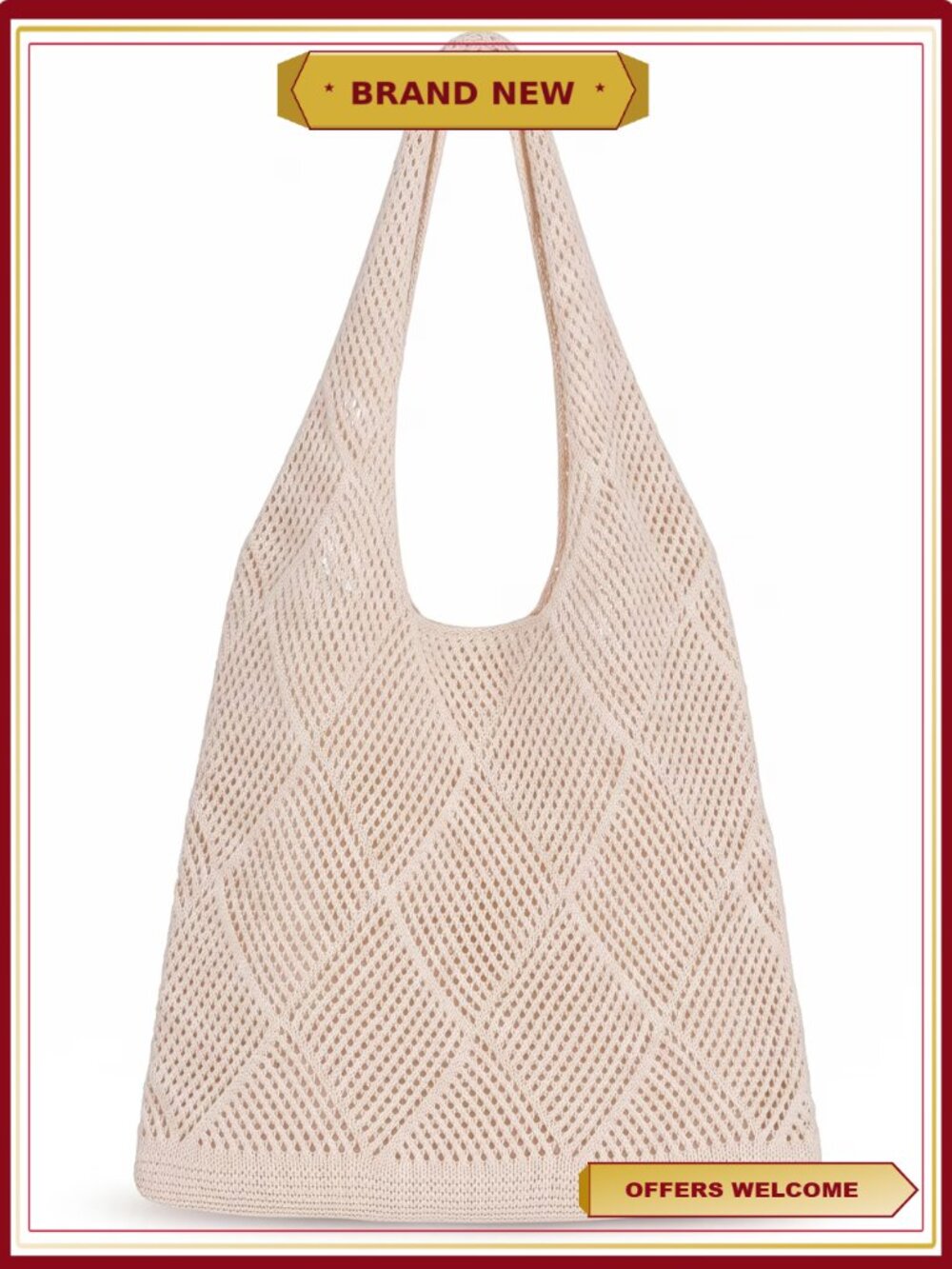 Crochet Hobo Bag Hollow Out Diamond Knit Shoulder Bag Summer Tote